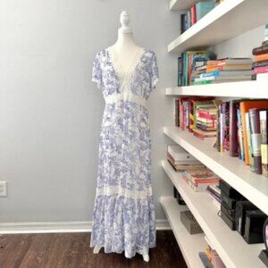 TAYLOR Blue Floral Print short Sleeve Maxi Dress sz 14